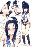  !? 1girl ? animal_ears arm_up armpits ass azur_lane bag bandeau bangs bare_arms bare_shoulders black_gloves black_hair black_legwear black_panties black_sailor_collar blue_eyes blue_neckwear blue_scrunchie blush book borushichi breasts cat_ears collarbone commentary_request eyebrows_visible_through_hair fingerless_gloves full_body gloves groin hair_bun hair_ornament hair_scrunchie heart highres holding holding_book i-56_(azur_lane) kneehighs looking_at_viewer midriff multiple_views navel neckerchief no_shoes nose_blush own_hands_together panties parted_lips sailor_collar scrunchie short_hair sidelocks small_breasts squatting standing stomach thighs tiptoes toeless_legwear translation_request underwear upper_body venus_symbol wrist_scrunchie 