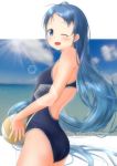  1girl artist_name bangs blue_eyes blue_hair blue_swimsuit blush clouds cloudy_sky commentary_request competition_swimsuit floating_hair kantai_collection light_rays long_hair looking_at_viewer looking_to_the_side mae_(maesanpicture) ocean one-piece_swimsuit one_eye_closed open_mouth samidare_(kantai_collection) sky solo sun sunbeam sunlight swept_bangs swimsuit very_long_hair volleyball 
