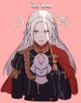  1girl blonde_hair blue_eyes cape cravat edelgard_von_hresvelgr_(fire_emblem) fire_emblem fire_emblem:_three_houses gloves hair_ornament hair_ribbon krazehkai long_hair looking_at_viewer red_cape ribbon simple_background smile solo uniform 