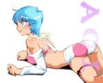  1girl 80s ass blue_eyes blue_hair blush breasts closed_mouth commentary_request crop_top graphite_(medium) midriff millipen_(medium) oldschool onnaski short_hair simple_background smile solo thigh_strap traditional_media white_background wingman yume_aoi 