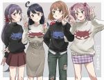  4girls :3 ahoge akebono_(kantai_collection) alternate_costume bandaid bandaid_on_face bangs belt blue_hair blush breasts brown_hair closed_mouth crab crab_on_shoulder eyebrows_visible_through_hair flower hair_bobbles hair_flower hair_ornament hairclip highres kantai_collection long_hair long_sleeves multiple_girls oboro_(kantai_collection) open_mouth pants pink_hair purple_hair sazanami_(kantai_collection) short_hair simple_background skirt smile sweater torn_clothes torn_pants translated turtleneck turtleneck_sweater twintails ushio_(kantai_collection) v zippo_teifujou 