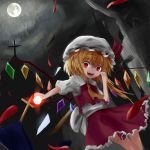  aldaris blonde_hair cross crystal dress energy_ball fang fangs flandre_scarlet flying full_moon hat highres looking_down mob_cap moon moonlight night night_sky pointy_ears puffy_short_sleeves puffy_sleeves red_dress red_eyes short_hair short_sleeves sky smile touhou wings 