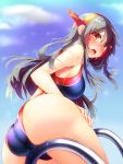  1girl ass black_hair black_swimsuit blue_sky clouds commentary_request competition_swimsuit cowboy_shot day from_below hairband haruna_(kantai_collection) headgear highres kantai_collection long_hair looking_at_viewer looking_back one-piece_swimsuit open_mouth outdoors pool_ladder remodel_(kantai_collection) sky solo swimsuit tsukui_kachou 