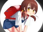  1girl backpack bag blue_dress blush brown_eyes brown_hair child crime_prevention_buzzer dress hands_on_own_knees hoshizora_ayase leaning_forward long_hair low_twintails open_mouth original randoseru shirt short_dress simple_background solo twintails white_background white_shirt 