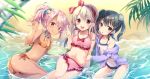  3girls :d :o ass beach bikini black_hair blush breasts chloe_von_einzbern cowboy_shot dark_skin double_bun eyebrows_visible_through_hair fate/kaleid_liner_prisma_illya fate_(series) frilled_bikini frills illyasviel_von_einzbern leaf long_hair looking_at_viewer lying maruchan. miyu_edelfelt multiple_girls on_side one_side_up open_mouth orange_bikini orange_eyes pink_bikini pink_hair polka_dot polka_dot_bikini red_eyes sand short_hair side-tie_bikini silver_hair sitting small_breasts smile swimsuit twintails upper_teeth v water waves white_swimsuit yellow_eyes 