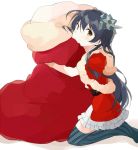  1girl bangs blue_hair blush capelet christmas commentary_request dress flower fur_trim gloves hair_between_eyes hair_flower hair_ornament hug kneeling long_hair looking_at_viewer love_live! love_live!_school_idol_festival love_live!_school_idol_project red_dress sack santa_costume simple_background smile solo sonoda_umi thigh-highs totoki86 white_background yellow_eyes 