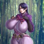  1girl blush bodysuit breasts closed_mouth curvy elbow_gloves fate/grand_order fate_(series) flowerxl1 forest gloves hand_on_own_chest hime_cut huge_breasts lips long_hair looking_at_viewer minamoto_no_raikou_(fate/grand_order) nature purple_bodysuit purple_hair ribbon rope shiny shiny_clothes shiny_hair smile tight tree violet_eyes 