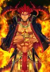  1boy abs adonis_belt bara black_jacket bracer chest_tattoo collarbone crossed_arms dark_skin dark_skinned_male facial_mark fire forehead_mark highres horns ifrit_(tokyo_houkago_summoners) izukonohito jacket jacket_on_shoulders looking_at_viewer muscle navel orange_eyes pointy_ears redhead solo spiky_hair standing tail tattoo tokyo_houkago_summoners 
