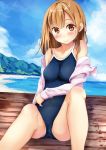  1girl asuna_(sao) bare_shoulders blue_swimsuit blurry blurry_background blush breasts brown_eyes brown_hair collarbone day eyebrows_visible_through_hair highres long_hair looking_at_viewer medium_breasts miyuki_(yxbt7) navel outdoors school_swimsuit sitting smile solo swimsuit sword_art_online 