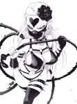  1girl aetherion black_flower black_rose black_sclera bondage_outfit breasts collar dominatrix face_mask flower groin hair_flower hair_ornament half-closed_eyes heart holding_whip kaijin_hime_do-s large_breasts long_hair mask monochrome o-ring o-ring_bikini one-punch_man rose simple_background solo spiked_collar spikes thigh-highs whip white_background 