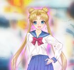  1girl :d arion_canvas bishoujo_senshi_sailor_moon blonde_hair blue_eyes blue_sailor_collar blue_skirt blurry blurry_background bow bowtie collarbone double_bun hand_on_hip long_hair long_sleeves looking_at_viewer open_mouth pleated_skirt red_bow red_neckwear sailor_collar school_uniform serafuku shiny shiny_hair shirt skirt smile solo standing tsukino_usagi twintails very_long_hair white_shirt 