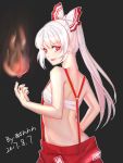  1girl :d bandages bangs bare_arms bare_shoulders black_background blush bow breasts chinese_commentary commentary_request cowboy_shot dated eyebrows_visible_through_hair fang fire flame from_behind fujiwara_no_mokou hair_between_eyes hair_bow highres liuliuziw long_hair looking_at_viewer looking_back midriff nail_polish ofuda open_mouth outline pants ponytail red_eyes red_nails red_pants sarashi sidelocks signature silver_hair simple_background small_breasts smile solo standing suspenders touhou v-shaped_eyebrows white_bow white_outline 
