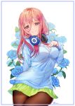  1girl bangs blue_cardigan blue_eyes blush cardigan closed_mouth collared_shirt flower go-toubun_no_hanayome green_skirt headphones headphones_around_neck highres long_hair long_sleeves looking_at_viewer nakano_miku pantyhose pink_hair shirt skirt smile tagme tikeworld 