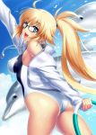  1girl 2others ahoge ass blonde_hair blue_eyes blue_sky clouds competition_swimsuit cowboy_shot day dolphin fate/grand_order fate_(series) glasses highleg highleg_swimsuit hoop jacket jeanne_d&#039;arc_(fate)_(all) jeanne_d&#039;arc_(swimsuit_archer) multiple_others one-piece_swimsuit open_mouth outdoors ponytail sky smile swimsuit twintails upper_teeth whistle whistle_around_neck white_jacket white_swimsuit zen 