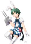  1girl adapted_turret alternate_costume animal_ears bangs checkered_shorts enemy_lifebuoy_(kantai_collection) feet_out_of_frame gloves green_eyes green_hair kantai_collection looking_at_viewer mogami_(kantai_collection) nao_(nao_eg) pocket_watch puffy_sleeves rabbit_ears short_hair short_sleeves shorts simple_background smile solo swept_bangs thigh-highs watch white_background white_gloves white_legwear 