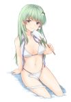  1girl arm_support bangs bare_arms bare_shoulders bikini blue_eyes blush breasts collarbone commentary_request eyebrows_visible_through_hair frog_hair_ornament green_hair hair_ornament hair_tubes highres holding kochiya_sanae long_hair looking_at_viewer medium_breasts miyo_(ranthath) navel open_clothes open_shirt shirt sidelocks simple_background sitting sleeveless sleeveless_shirt snake soaking_feet solo stomach swimsuit thighs touhou water white_background white_bikini white_shirt white_snake 
