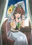  1girl absurdres ahoge brown_hair chair collarbone commentary_request curtains flower green_eyes hair_between_eyes hair_flower hair_ornament hat highres hololive midriff moroboshi_meteo natsuiro_matsuri navel open_mouth short_hair side_ponytail sitting solo virtual_youtuber window 