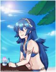  1girl beach bikini blue_bikini blue_eyes blue_hair bracelet clouds cute female_focus fire_emblem fire_emblem:_kakusei fire_emblem_heroes flower intelligent_systems lips long_hair looking_at_viewer lucina navel nintendo o-ring_bikini o-ring_bottom outdoors palm_tree princess shaved_ice shiokaraazu sky solo spoon summer super_smash_bros. swimsuit table tiara 