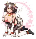  1girl afuro all_fours animal_ears animal_print ankle_boots bikini_top black_hair boots breasts brown_eyes choker cow_ears cow_girl cow_print elbow_gloves flower full_body gloves hair_flower hair_ornament hana_(afuro) huge_breasts looking_at_viewer midriff multicolored_hair open_mouth original skirt smile thigh-highs two-tone_hair white_hair 