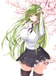  1girl absurdres bangs black_legwear blue_eyes breasts cherry_blossoms cowboy_shot damao_yu eyebrows_visible_through_hair frog_hair_ornament green_hair hair_between_eyes hair_ornament highres huge_filesize kochiya_sanae large_breasts long_hair looking_to_the_side pleated_skirt shirt skirt solo standing thigh-highs touhou white_shirt wind 