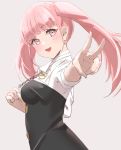  1girl bangs belt blunt_bangs colored_eyelashes fire_emblem fire_emblem:_three_houses hilda_(fire_emblem:_three_houses) long_hair long_sleeves open_mouth pink_eyes pink_hair shirt simple_background skeptycally smile solo twintails uniform v 