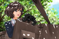  1girl akiyama_yukari artist_name bangs black_gloves blue_jacket blurry blurry_background brown_eyes brown_hair cursive dappled_sunlight depth_of_field eyebrows_visible_through_hair girls_und_panzer gloves ground_vehicle highres holding holding_binoculars jacket long_sleeves matsui_yasutsugu messy_hair military military_uniform military_vehicle motor_vehicle ooarai_military_uniform open_mouth panzerkampfwagen_iv short_hair signature solo sunlight tank textless uniform 