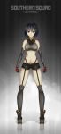  1girl absurdres bangs black_hair breasts closed_mouth elbow_gloves garter_straps gloves grey_background highres indy_k legs_apart looking_at_viewer medium_breasts midriff original over-kneehighs red_eyes short_hair short_shorts shorts solo standing thigh-highs 