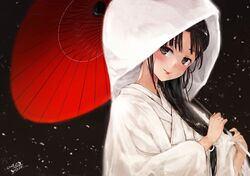  1girl bangs black_background black_hair blush dated holding holding_umbrella hood japanese_clothes kantai_collection kimono lips long_hair long_sleeves low-tied_long_hair makeup oriental_umbrella petals red_umbrella shouhou_(kantai_collection) signature smile solo toka_(marchlizard) uchikake umbrella wedding white_kimono wide_sleeves 