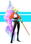  black_gloves black_pants checkered checkered_legwear closed_mouth flag gloves green_hair half_gloves high_heels holding holding_flag jacket kalanchoe_xxxx lio_fotia male_focus pants promare racequeen short_hair signature violet_eyes 