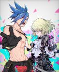  2boys black_gloves black_jacket blue_eyes blue_hair chest cravat fire galo_thymos gloves green_hair jacket lio_fotia male_focus multiple_boys nisomikomi_0 open_mouth outstretched_hand pants promare shirtless smile spiky_hair violet_eyes 