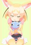  1girl absurdres animal_ear_fluff animal_ears bangs blonde_hair character_doll commentary_request common_raccoon_(kemono_friends) elbow_gloves eyebrows_visible_through_hair fennec_(kemono_friends) fox_ears funakenblue gloves highres kemono_friends medium_hair nesoberi object_hug open_mouth pink_sweater puffy_short_sleeves puffy_sleeves short_hair short_sleeves simple_background sitting skirt solo sweater thigh-highs white_skirt yellow_background yellow_eyes yellow_gloves yellow_legwear 
