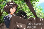  1girl akiyama_yukari artist_name bangs black_gloves blue_jacket blurry blurry_background brown_eyes brown_hair character_name commentary cursive dappled_sunlight dated depth_of_field english_text eyebrows_visible_through_hair girls_und_panzer gloves ground_vehicle happy_birthday highres holding holding_binoculars jacket long_sleeves matsui_yasutsugu messy_hair military military_uniform military_vehicle motor_vehicle ooarai_military_uniform open_mouth panzerkampfwagen_iv short_hair signature solo sunlight tank uniform 