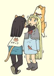  2girls animal animal_ears bangs beige_background bell black_hair black_pants blonde_hair blue_dress blue_eyes blue_skirt blunt_bangs blush_stickers boots brown_footwear cat_ears cat_girl cat_tail cattail clothes_writing commentary_request dog dress grey_capelet grey_footwear hands_on_another&#039;s_face holding long_hair long_sleeves multiple_girls open_mouth original outstretched_arms pants plant print_shirt profile shirt shoe_soles short_over_long_sleeves short_sleeves simple_background skirt sleeves_past_wrists standing standing_on_one_leg tail translated v-shaped_eyebrows very_long_hair wavy_mouth white_shirt yukimoto_shuuji_(gurigura) 