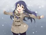  1girl bangs blue_hair blush coat commentary_request cowboy_shot fur_trim hair_between_eyes highres long_hair looking_at_viewer love_live! love_live!_school_idol_project open_mouth outstretched_arms smile snow snowing solo sonoda_umi spread_arms totoki86 winter winter_clothes winter_coat yellow_eyes 