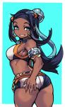  1girl aqua_background aqua_hair armband armlet ass black_hair blue_eyes breasts commission cowboy_shot dark_skin ear_piercing earrings forehead gym_leader hair_bun hair_ornament highres hoop_earrings jewelry long_hair medium_breasts midriff multicolored_hair outside_border piercing pokemon pokemon_(game) pokemon_swsh rurina_(pokemon) short_shorts shorts sideboob smile solo sportswear streaked_hair swimsuit tankini thick_thighs thighs two-tone_hair zana 