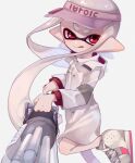  1girl :q gun holding holding_gun holding_weapon inkling inkling_girl jacket leg_up long_hair looking_at_viewer machine_gun mikoshiba_m pointy_ears red_eyes shoes simple_background sneakers splatoon_(series) tongue tongue_out v-shaped_eyebrows visor_cap weapon white_background white_footwear white_hair white_jacket 