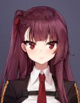  1girl ankkoyom bangs blush breasts eyebrows_visible_through_hair girls_frontline grey_background highres long_hair looking_at_viewer necktie portrait purple_hair red_eyes side_ponytail simple_background smile solo wa2000_(girls_frontline) 