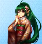  1girl abstract_background ahoge bangs blue_background eating eyebrows_visible_through_hair floral_dress floral_print flower food fruit furisode green_hair hair_flower hair_ornament hair_ribbon japanese_clothes juban kimono long_hair long_ponytail long_sleeves looking_at_viewer nail_polish nyaaan obi obiage obijime open_mouth orange_kimono original peach ponytail print_kimono red_eyes ribbon sash signature smile solo 