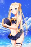  1girl abigail_williams_(fate/grand_order) ball bangs bare_arms bare_shoulders beachball bikini_skirt black_bow black_skirt blonde_hair blue_eyes bow clouds collarbone commentary_request day fate/grand_order fate_(series) hair_bow holding long_hair looking_at_viewer navel orange_bow outdoors parted_bangs polka_dot polka_dot_bow skirt slime_(user_jpds8754) solo swimsuit thigh-highs very_long_hair water 