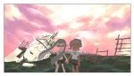  0069_1111 2girls absurdres arms_at_sides bike_shorts blue_eyes city clouds dark_skin evening grey_hair highres holding_hands inkling inkling_(language) long_hair looking_at_viewer medium_hair multiple_girls ocean octoling pointy_ears serious shirt shorts shorts_under_skirt skirt smile splatoon_(series) splatoon_2 splatoon_2:_octo_expansion standing statue t-shirt tentacle_hair thigh_gap water 