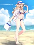  1girl alternate_costume bag bikini blonde_hair blue_eyes blue_sky blush breasts clouds full_body gradient_sky hair_between_eyes hat hat_ribbon highres kantai_collection long_hair long_sleeves looking_at_viewer medium_breasts mole mole_under_eye mole_under_mouth multicolored multicolored_bikini multicolored_clothes navel open_mouth ribbon richelieu_(kantai_collection) sand shadow shingyo shirt sky smile solo sunglasses swimsuit swimsuit_under_clothes white_shirt 