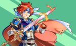  1boy armor blue_cape blue_eyes blue_headband cape fingerless_gloves fire_emblem fire_emblem:_the_binding_blade flaming_sword freckles gloves green_background headband highres holding holding_sword holding_weapon looking_at_viewer male_focus peter_eastwood red_cape red_gloves redhead roy_(fire_emblem) simple_background smile standing sword weapon 