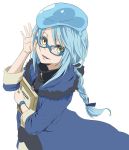  1girl :d absurdres adjusting_eyewear androgynous blue-framed_eyewear blue_cape blue_hair blue_ribbon book bracelet braided_ponytail cape floating_hair fur-trimmed_cape fur_trim glasses hair_ribbon highres holding jewelry long_hair looking_at_viewer noerue1219 open_mouth ponytail ribbon rimuru_tempest simple_background slime smile solo tensei_shitara_slime_datta_ken white_background yellow_eyes 