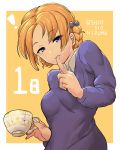  1girl bangs black_bow blue_eyes blue_sweater bow braid commentary_request countdown cowboy_shot cup dress_shirt eyebrows_visible_through_hair finger_to_mouth girls_und_panzer hair_bow half-closed_eyes highres holding holding_cup light_smile long_sleeves looking_at_viewer looking_down orange_background orange_hair orange_pekoe outside_border parted_bangs parted_lips school_uniform shio_nizumu shirt short_hair shushing solo st._gloriana&#039;s_school_uniform standing sweater teacup tied_hair twin_braids twitter_username v-neck white_shirt wing_collar 