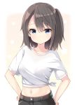  1girl bangs black_pants blue_eyes blush breasts brown_hair closed_mouth collarbone commentary_request eyebrows_visible_through_hair hair_between_eyes hands_on_hips long_hair looking_at_viewer midriff navel ominaeshi_(takenoko) one_side_up original pants shirt small_breasts solo star starry_background tied_shirt white_shirt 