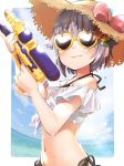  1girl bangs bare_shoulders bikini black_bikini blue_sky bow brown_headwear closed_mouth clouds commentary_request day eyebrows_visible_through_hair finger_on_trigger flower grey_hair hair_flaps hair_flower hair_ornament hat hat_bow heart heart-shaped_eyewear holding holding_water_gun horizon idolmaster idolmaster_cinderella_girls koshimizu_sachiko navel ocean orange_flower pink_bow shirt short_hair short_sleeves side-tie_bikini sky smile solo standing stomach straw_hat sun_hat sunglasses sunlight swimsuit tied_shirt upper_body v-shaped_eyebrows water_drop water_gun white_shirt yukie_(kusaka_shi) 