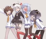  4girls adapted_costume amatsukaze_(kantai_collection) black_hair black_legwear blue_hair blue_sailor_collar brown_dress brown_eyes brown_hair commentary_request dress dress_pull embarrassed feet_out_of_frame garter_straps gradient_hair grey_background greyscale hair_tubes hat hatsukaze_(kantai_collection) headgear headset hime_cut holding_hands kantai_collection long_hair matching_outfit mini_hat monaka_ooji monochrome multicolored_hair multiple_girls neckerchief open_mouth pantyhose red_legwear round_teeth rudder_footwear sailor_collar sailor_dress sailor_shirt shirt short_dress short_hair short_hair_with_long_locks sidelocks silver_hair simple_background speaking_tube_headset striped striped_legwear teeth thigh-highs thighband_pantyhose tied_shirt tokitsukaze_(kantai_collection) two_side_up upper_teeth wavy_mouth white_dress white_hair white_sailor_collar windsock yellow_neckwear yukikaze_(kantai_collection) 