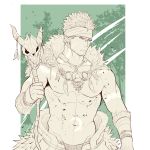  1boy abs adonis_belt artist_name bara bracer earrings facial_hair facial_mark fur_trim green_background headband highres jewelry limited_palette male_focus muscle navel necklace nipples pointy_ears simple_background skull spiky_hair staff stubble tangaroa tattoo tokyo_houkago_summoners upper_body zifu 