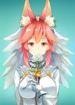  1girl animal_ear_fluff animal_ears belt blue_background blush bodysuit breasts bridal_veil chain commentary commentary_request cosplay dying_(dying0414) fate/extra fate/extra_ccc fate/grand_order fate_(series) flower fox_ears fox_girl gloves gradient gradient_background highres large_breasts lock looking_at_viewer nero_claudius_(bride)_(fate) nero_claudius_(bride)_(fate)_(cosplay) nero_claudius_(fate)_(all) pink_hair rose smile solo tamamo_(fate)_(all) tamamo_no_mae_(fate) veil white_flower white_rose yellow_eyes zipper 