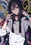  1girl bandaged_arm bandages bangs black_choker black_hair blood bloody_bandages blue_bow bow brown_eyes choker closed_mouth commentary_request drawstring eyebrows_visible_through_hair fujiwara_hajime graffiti hair_between_eyes hair_bow hands_up head_tilt highres hood hood_up hoodie idolmaster idolmaster_cinderella_girls long_hair long_sleeves minamiya_mia puffy_long_sleeves puffy_sleeves solo white_hoodie wristband 